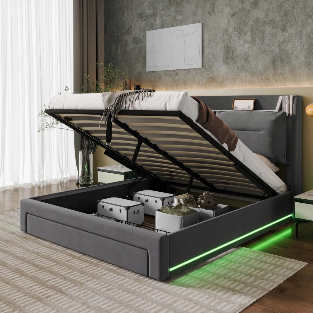 Letto 140x190cm con LED e cassetti - Xylo - Grigio velluto