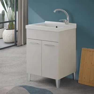 Mobile lavatoio 60x50 cm grigio calce vasca in ceramica e kit di scarico Moon