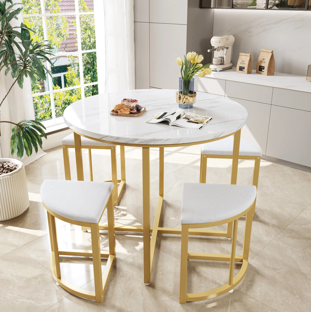 Set da pranzo con tavolo rotondo 80x80x75 cm e 4 sedie; MDF bianco e metallo oro