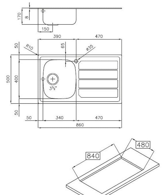 Lavello inox 1v. dxsc. 86x50 inc.