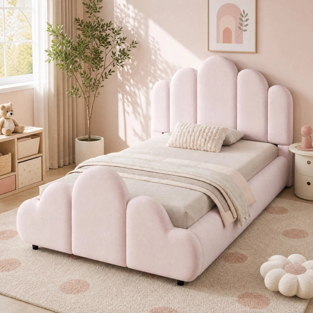 LETTO per bambini 90x200 cm in velluto rosa, struttura imbottita