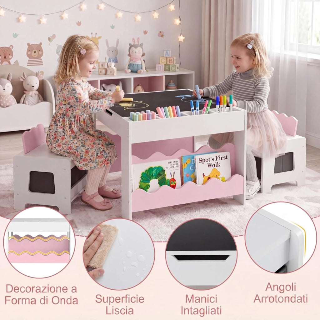 4 in 1 Set Tavolo e 2 Sedie per Bambini 3+ Anni (Rosa e Bianco) | Tavolo e Sedie con Lavagna Rimovibile, Sedia con Cassetto in Tessuto, Mobile in Legno Versatile per Cameretta e Soggiorno
