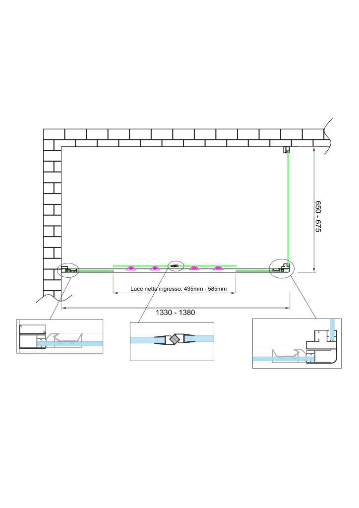 Box doccia 6 mm H 190 parete fissa e porta a 4 ante con apertura centrale MISURA 65-67,5 ANTA FISSA + PORTA 133-138