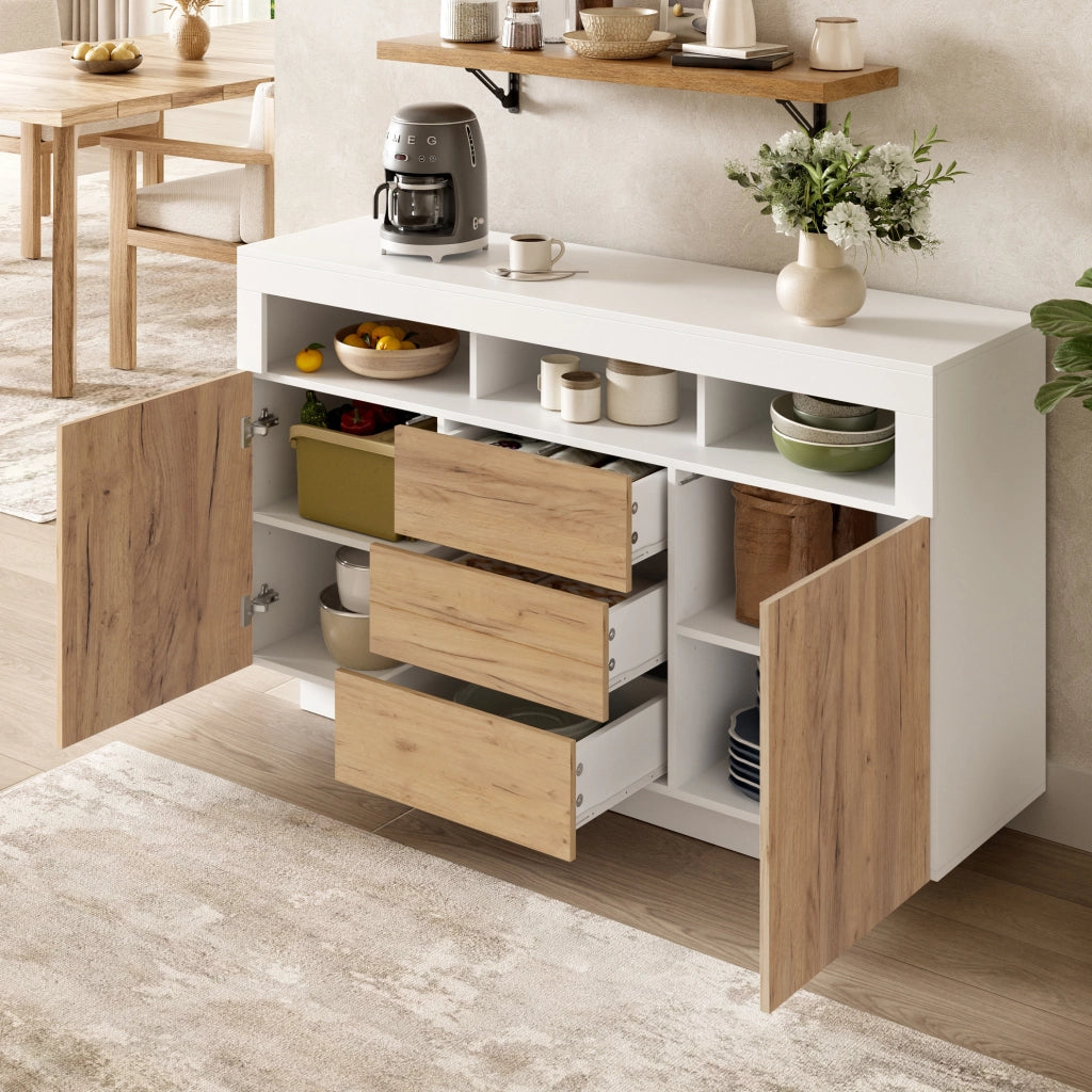 Credenza 140x40x85 cm con 3 cassetti; 2 ante e 3 vani aperti; bianco e naturale