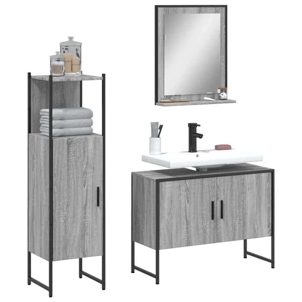 Set Mobili da Bagno | Armadio da bagno 3 pz Grigio Sonoma in Legno Multistrato