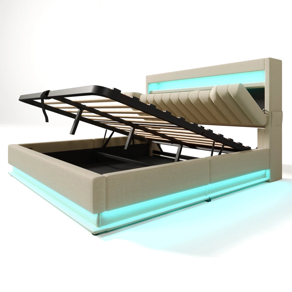 Letto matrimoniale 160x200 cm in lino beige con LED; USB e vano contenitore idraulico