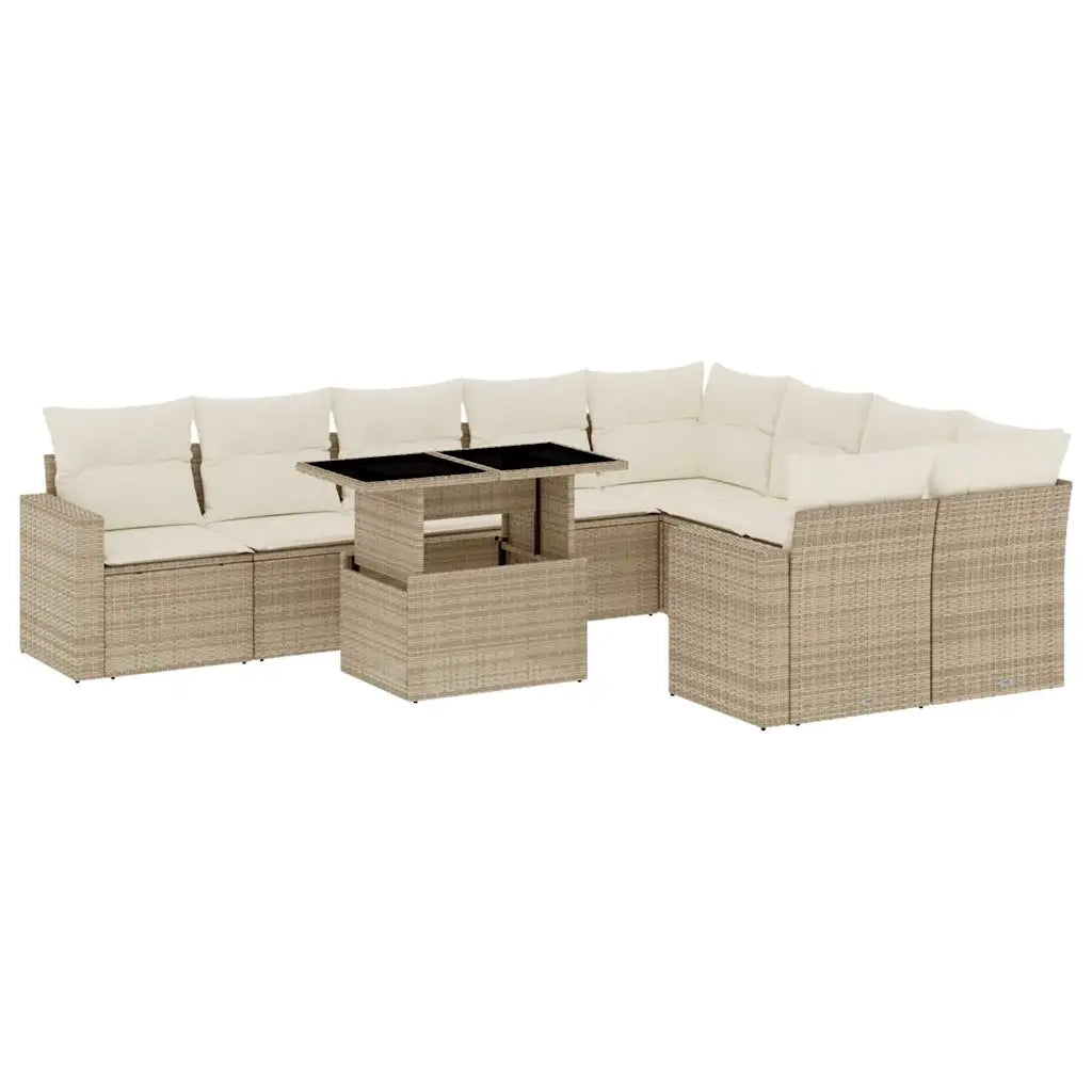 Set Divano da Giardino 10 pz con Cuscini Beige in Polyrattan