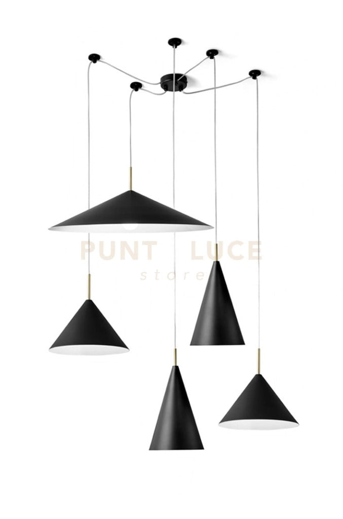 SAMOI KIT LAMPADARIO A SOSPENSIONE 5 LUCI COLORE ESTERNO NERO FINITURE BIANCO ORO ATTACCO E27