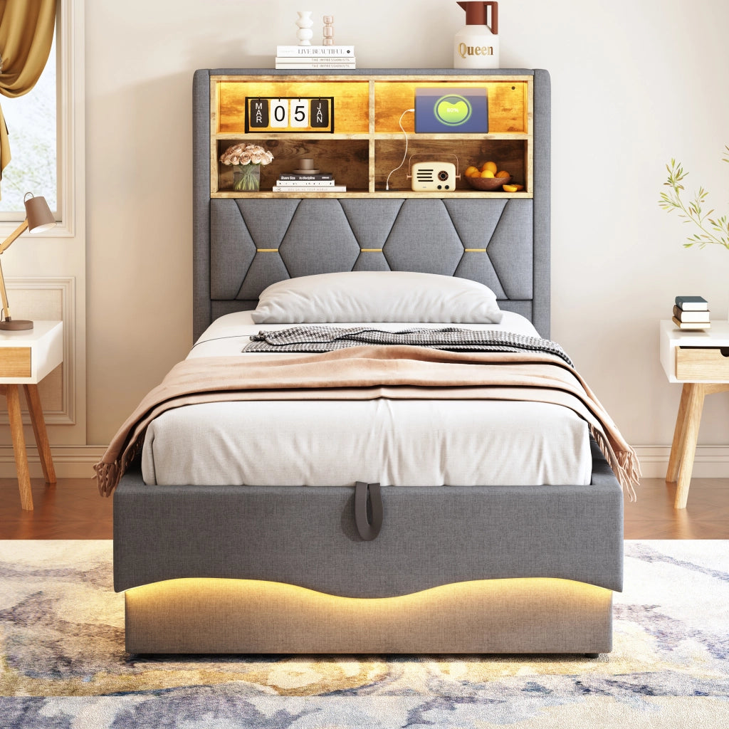 LETTO Multifunzione 90x200 cm Grigio in ferro con LED, USB e vano contenitore