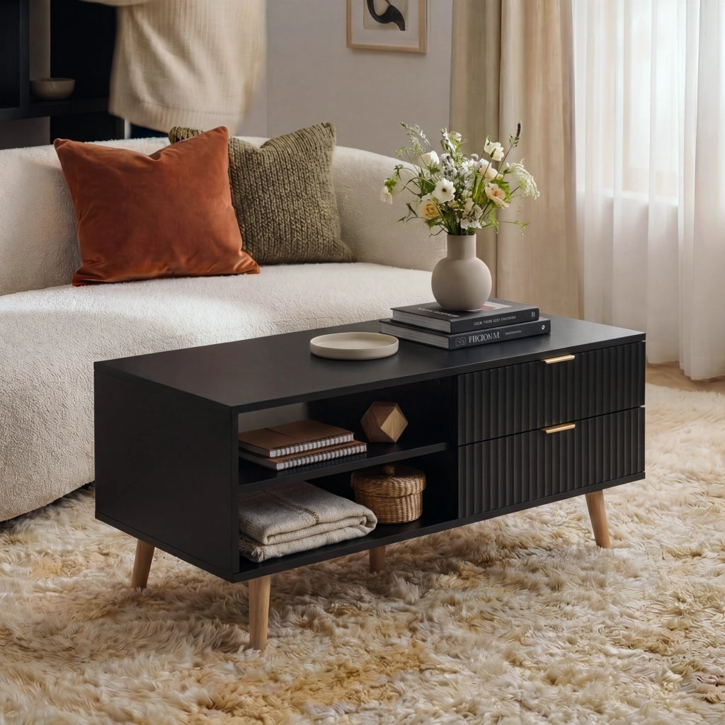 Tavolino da Salotto Nand con 2 Cassetti e 3 Scomparti Aperti 100 x 50 x 45 cm - Nero [en.casa]