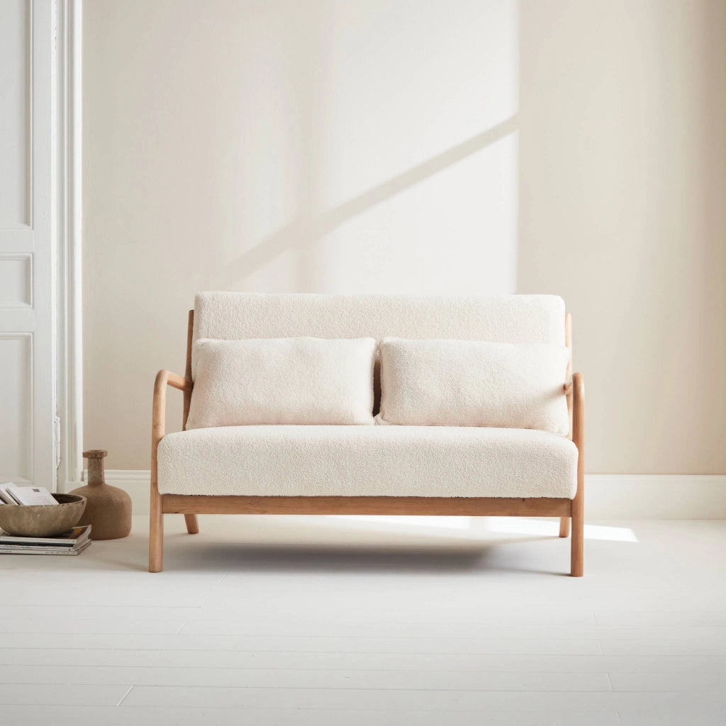 Panca stile scandinavo in legno e bouclé, 2 posti, crema