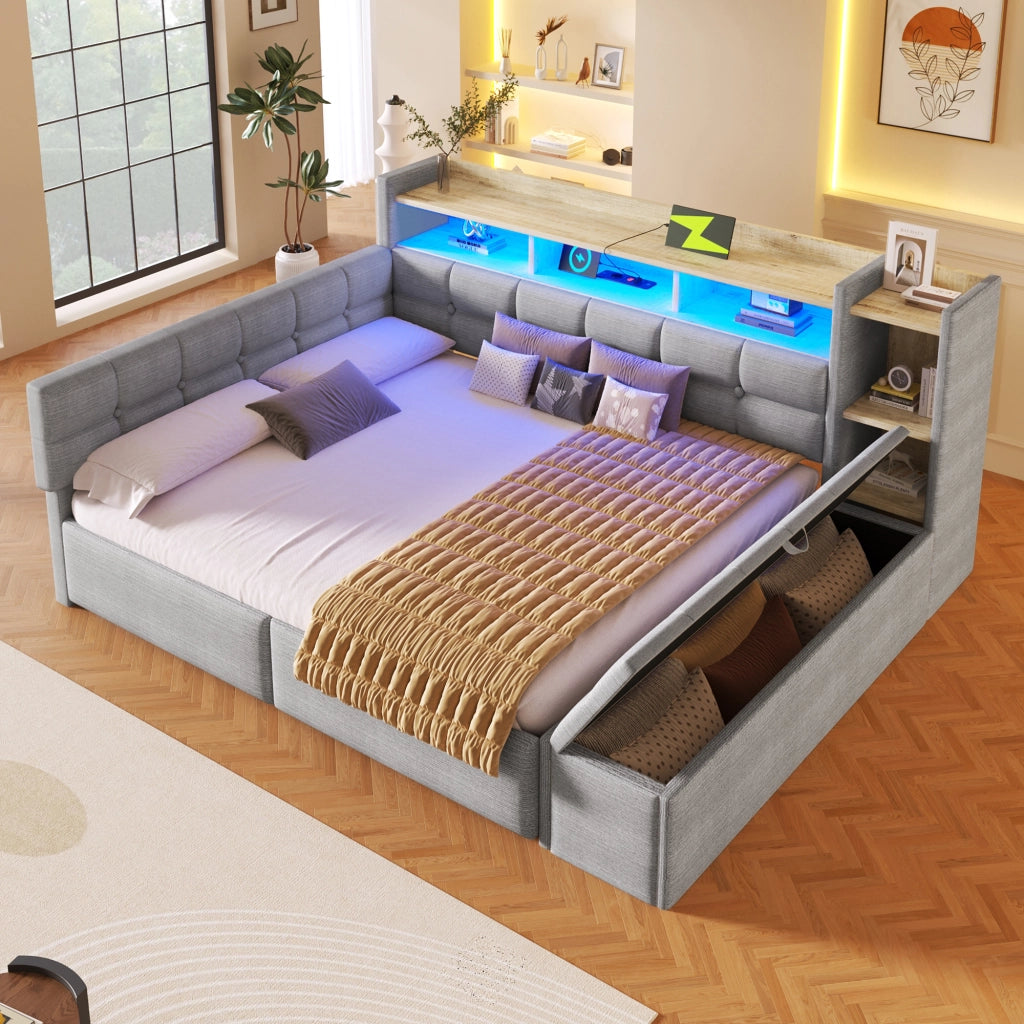 Divano letto 140 x 190 cm con contenitori e cassetti letto matrimoniale per camera in MDF e velluto grigio
