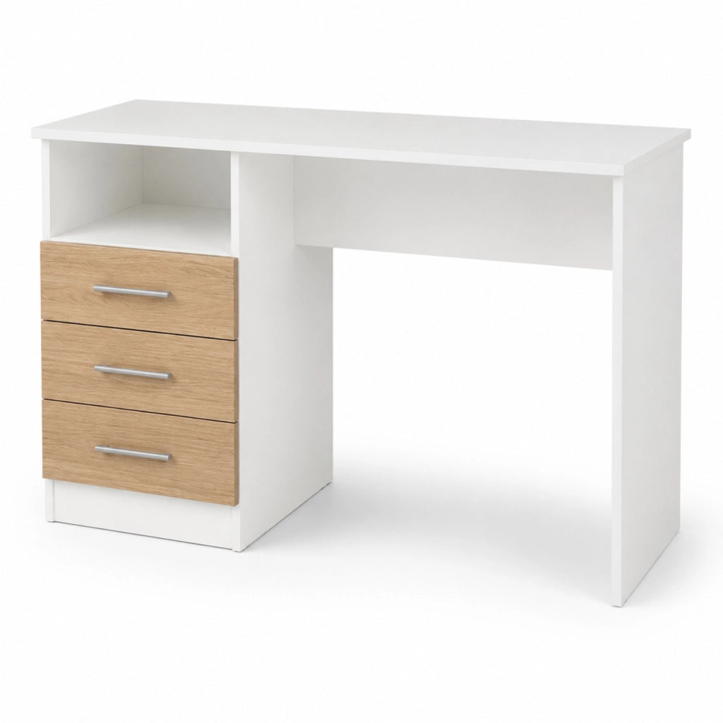 Scrivania Desk Per Studio Con Cassetti Laterali Postazione PC Salvaspazio Ufficio Soggiorno E Cameretta 120 X 72 X 48 Cm Bianco E Rovere