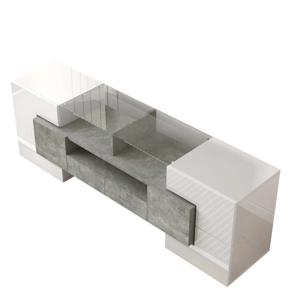 OKWISH Mobile TV con 6 Ante, 2 Cassetti, 3 Vani e LED, Finitura Lucida per Soggiorno, Bianco, 145x30x51 cm