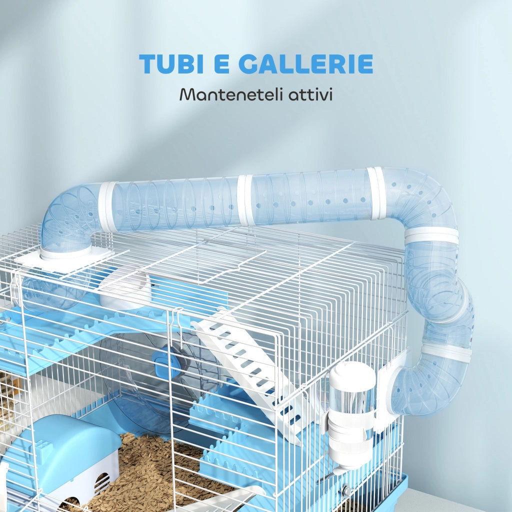 Gabbia per Criceti a 3 Piani 47,5x31,5x29,5H cm con Accessori Azzurro