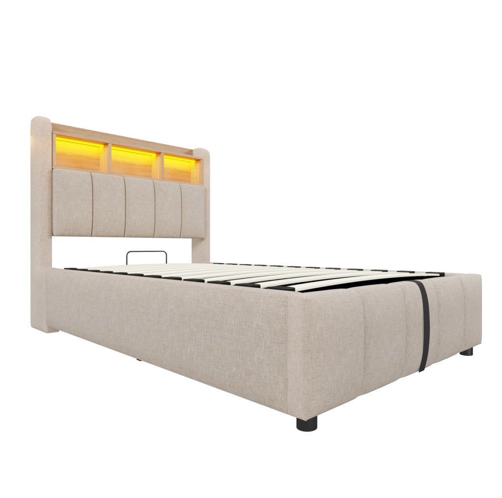 Letto imbottito 90x200 cm con LED; contenitore in lino beige
