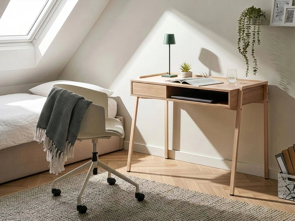 Scrivania da ufficio per casa in truciolato marrone chiaro con gambe in ferro 107 x 48 cm con ripiano e cassetto Minimalista