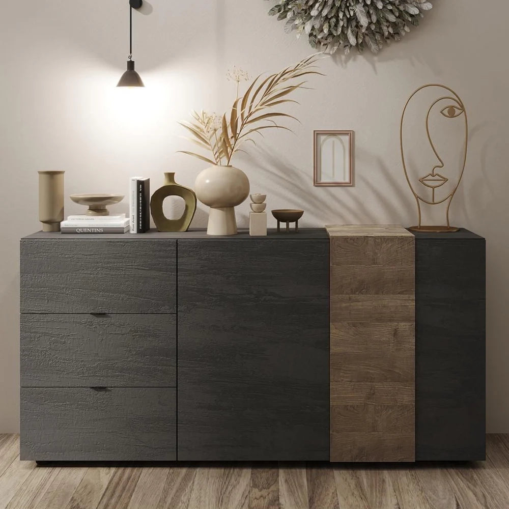 Mobile Madia a 2 Ante e 3 Cassetti Linea Venus L 181 Cm x H 86 Cm x P 44, realizzata in legno 100% MADE IN ITALY, design moderno per cucina, sala da pranzo, soggiorno, colore Titanio/Mercure