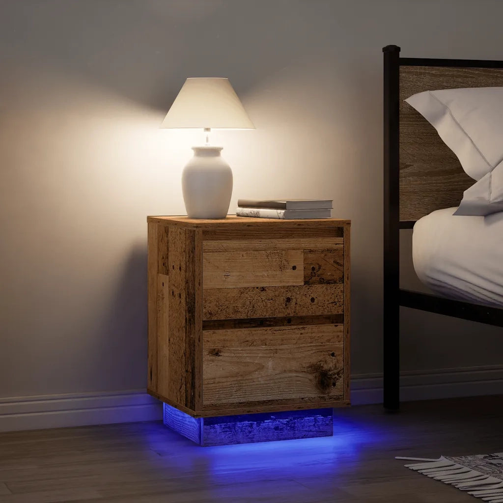Comodino con Luci LED-Tavolino da notte Legno Antico 38x34x50 cm 838771