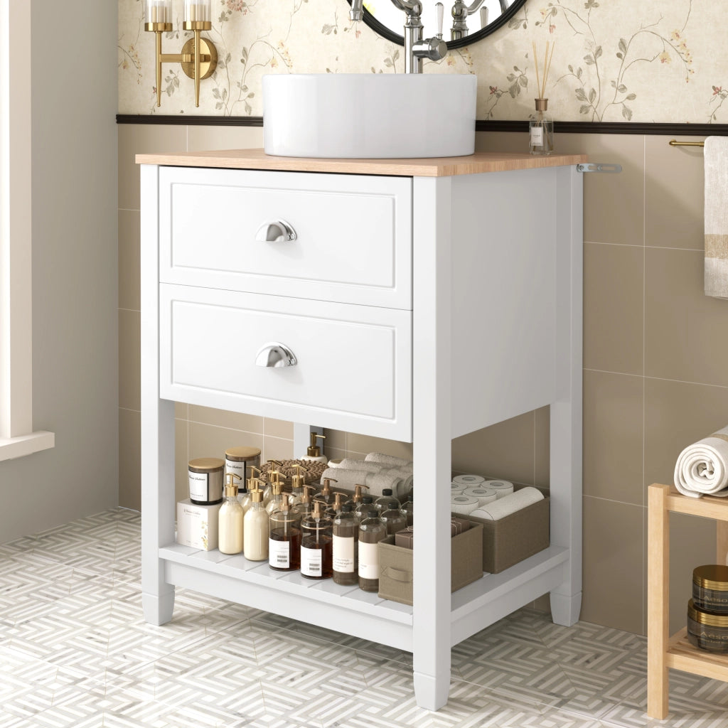 Mobile sottolavabo da bagno con lavabo in ceramica, 2 cassetti e vano aperto, in MDF, bianco e legno, 60 × 45 × 91 cm