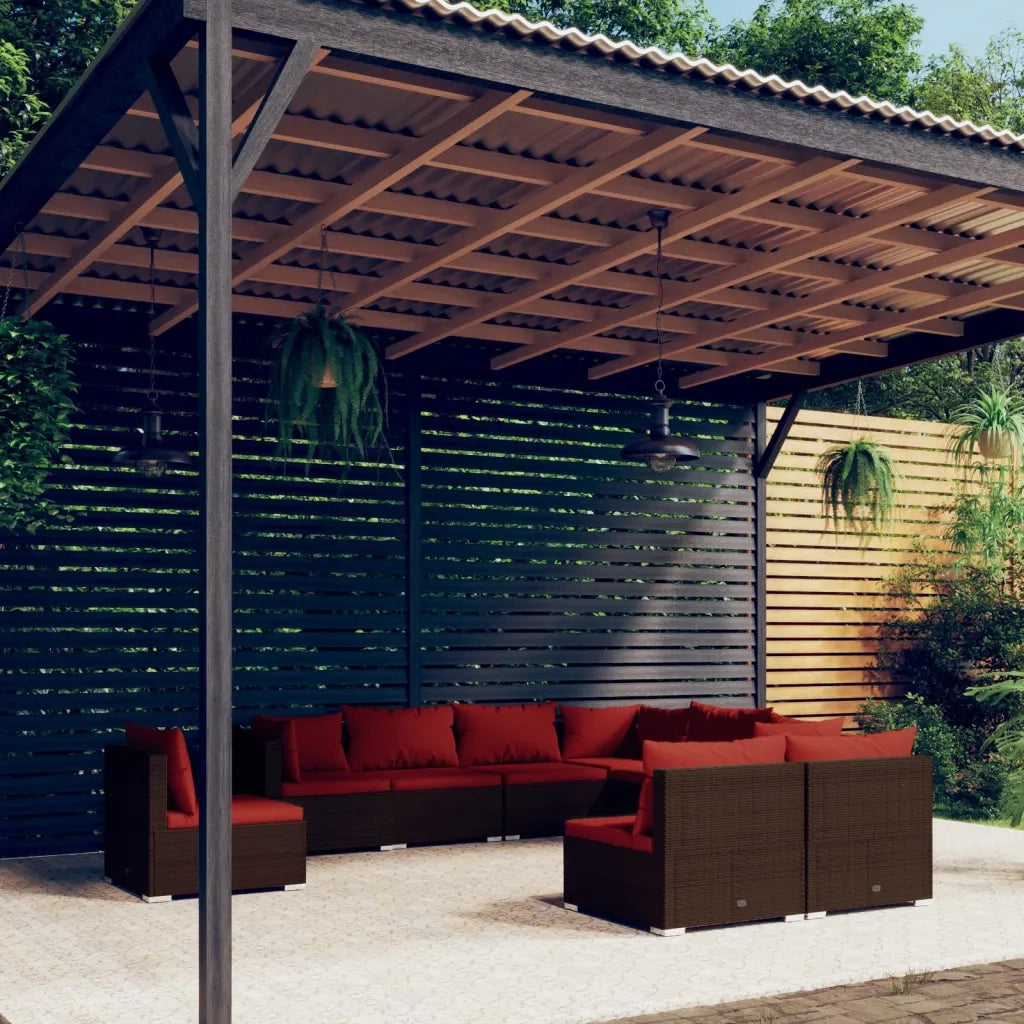 Set Divani da Giardino 9 pz con Cuscini in Polyrattan Marrone 3102579