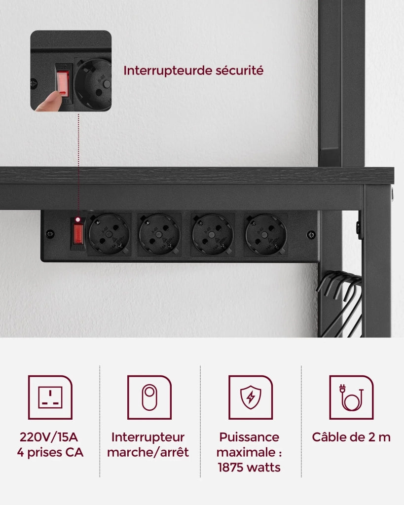 Mensola da cucina con multipresa supporto per microonde ripiano portaoggetti con pannello in rete metallica 14 ganci 40 x 80 x 170 cm nero 12_0005669