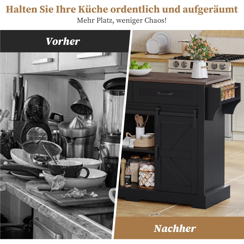 Carrello da cucina con piano ribaltabile, 2 ante scorrevoli e 2 cassetti, stile fienile, in MDF, nero, 120 × 45(70) × 91 cm