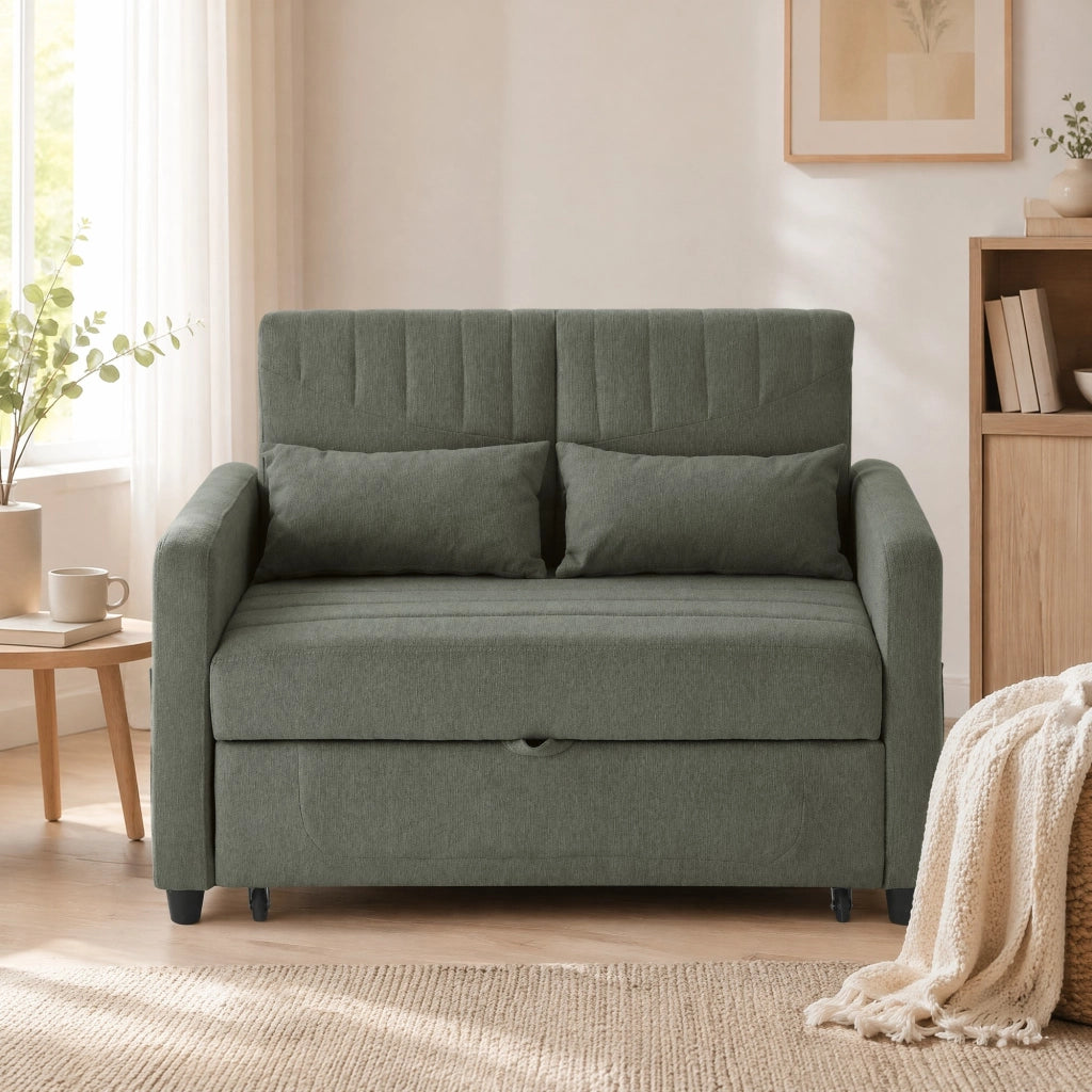 Divano Letto 2 Posti con Schienale a 3 Posizioni e 2 Cuscini, in Tessuto Cotone Lino, Verde Militare