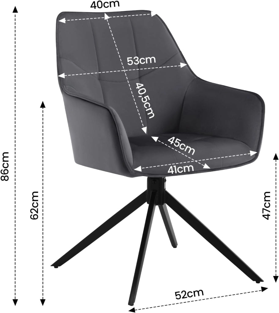 Sedia da Pranzo con Braccioli, Poltroncina con Gambe in Metallo, Sedia da Cucina con Schienale e Seduta Girevole, per Salotto, Studio, in Velluto, Grigio Scuro, EZS09dgr-1