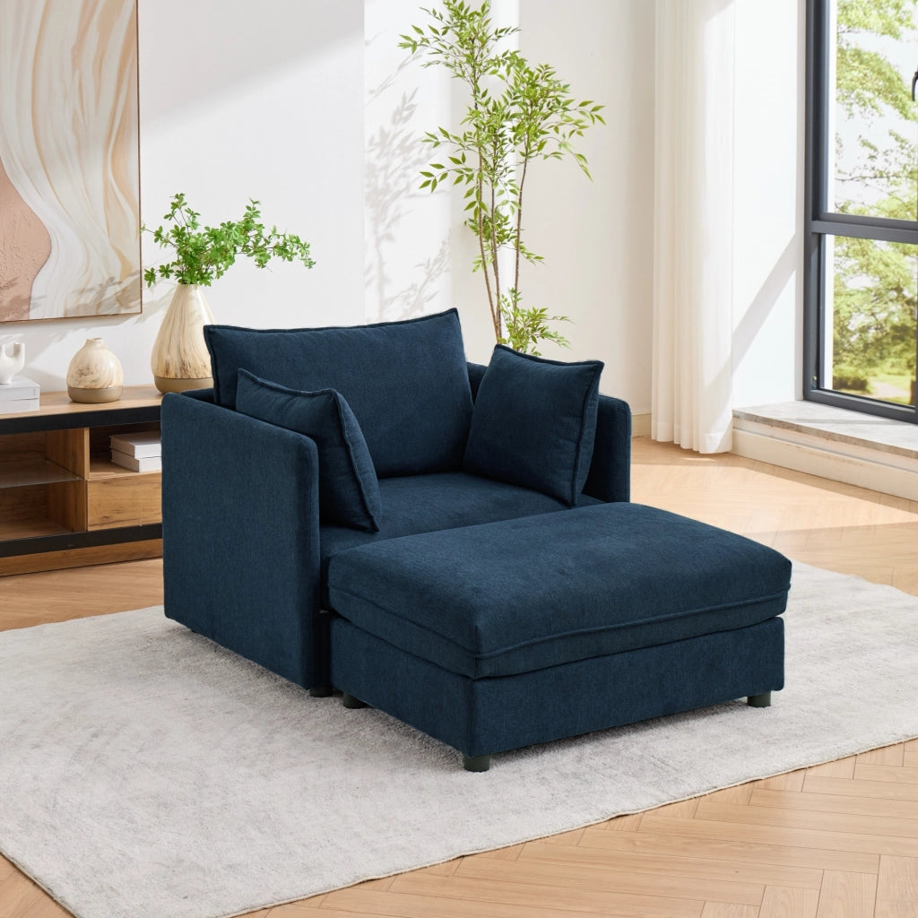 Poltrona lounge modulare in velluto blu con pouf contenitore separato
