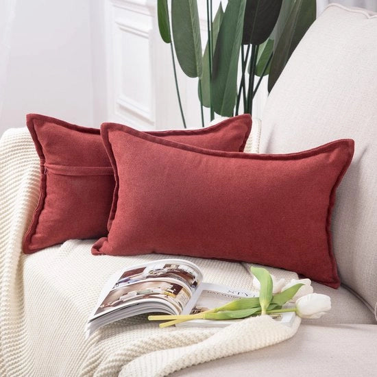 Set di 2 cuscini di chenille corti, copricuscini morbidi per divano, camera da letto, cuscini bordeaux 40x60 cm rettangolari