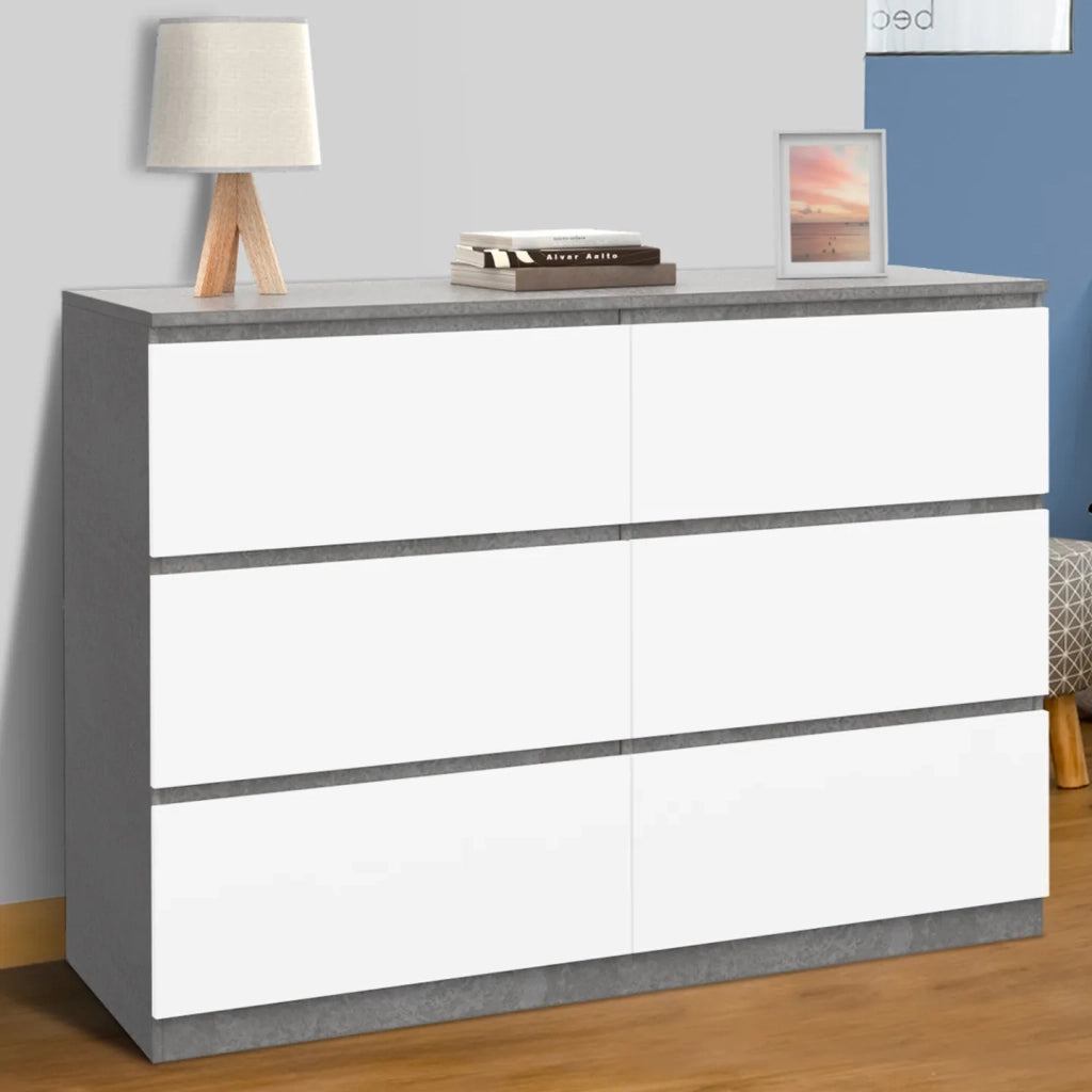 IDMarket - Arcón TOMI 110 cm 6 cajones, blanco y efecto hormigón