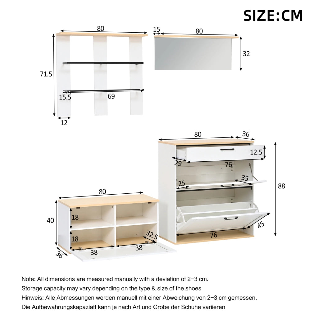 Set guardaroba 156x36x176 cm multifunzione con scarpiera pieghevole; MDF e truciolare; bianco e naturale
