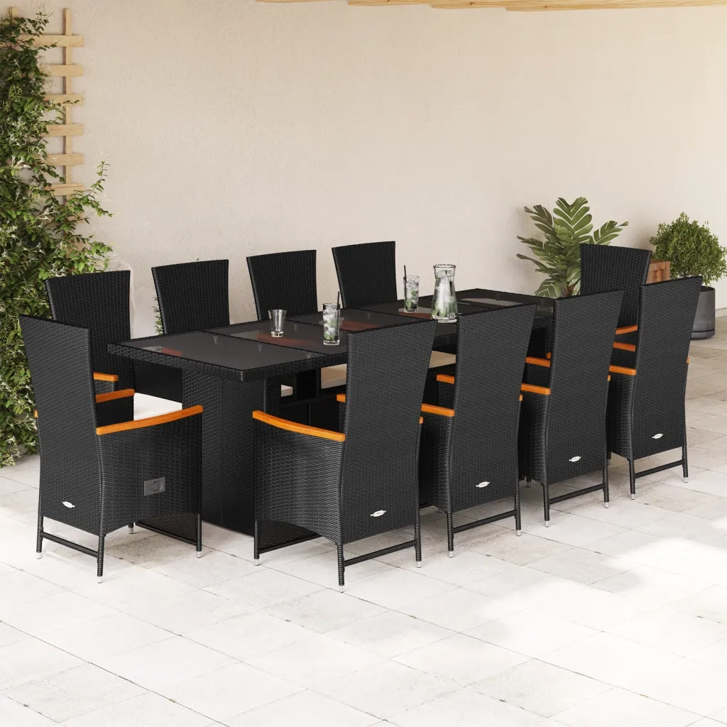 Set da Pranzo da Giardino 11 pz con Cuscini in Polyrattan Nero