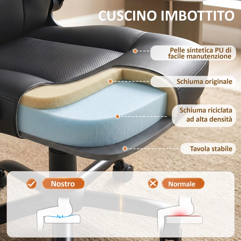 Sedia Ufficio Girevole 71x71x120-130 cm Funzione Dondolo Braccioli Ribaltabili Schienale Alto in Pelle PU Nero