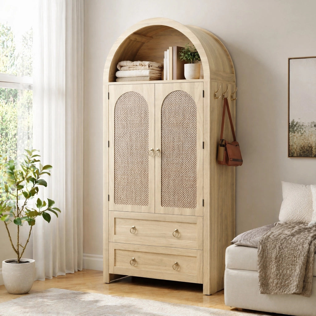 Credenza ad arco in stile vintage con ante in rattan, doppio cassetto e ripiani aperti, colore rovere