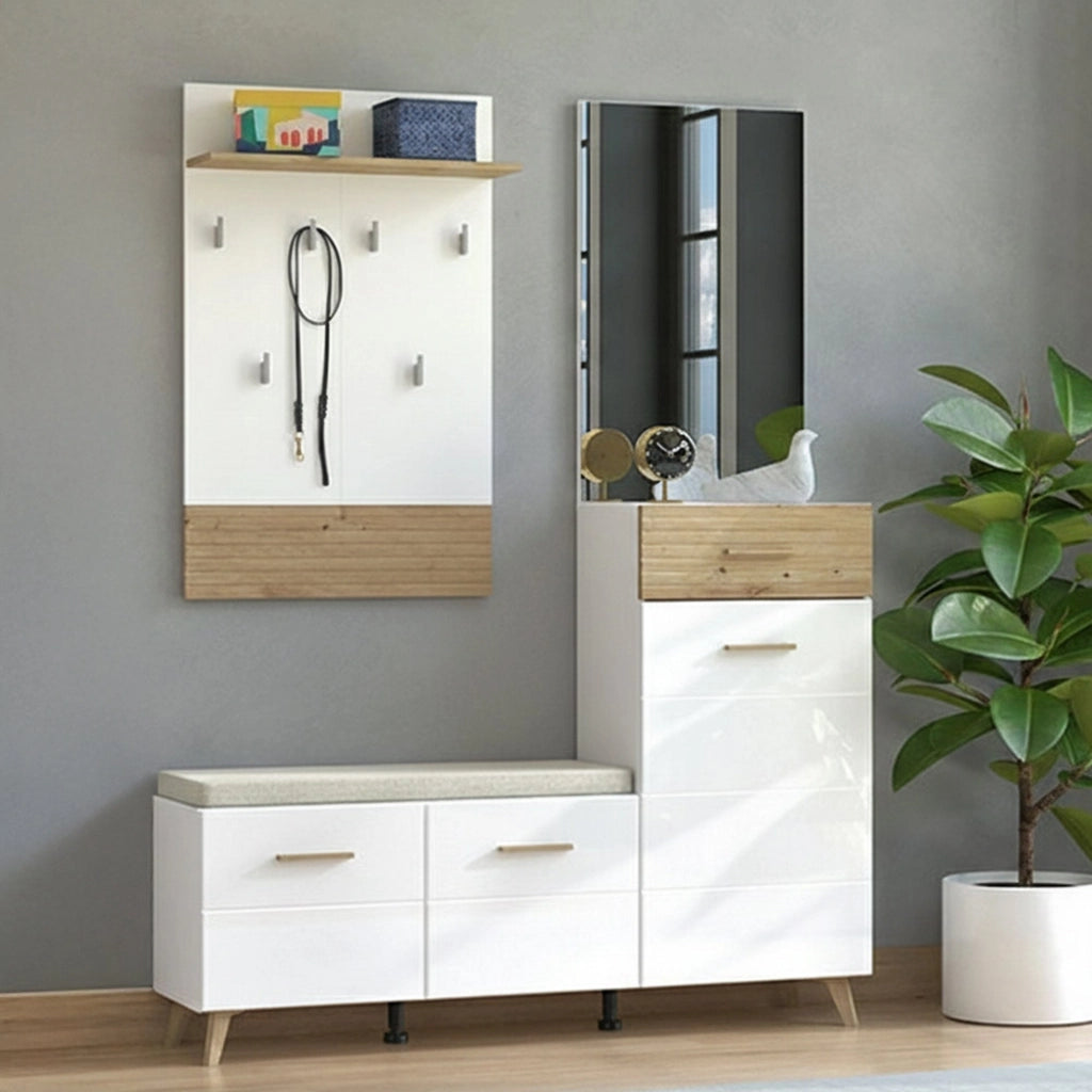 Longa, Mobile da Ingresso Specchio Incluso, 141x35x189.5h cm Bianco Opaco