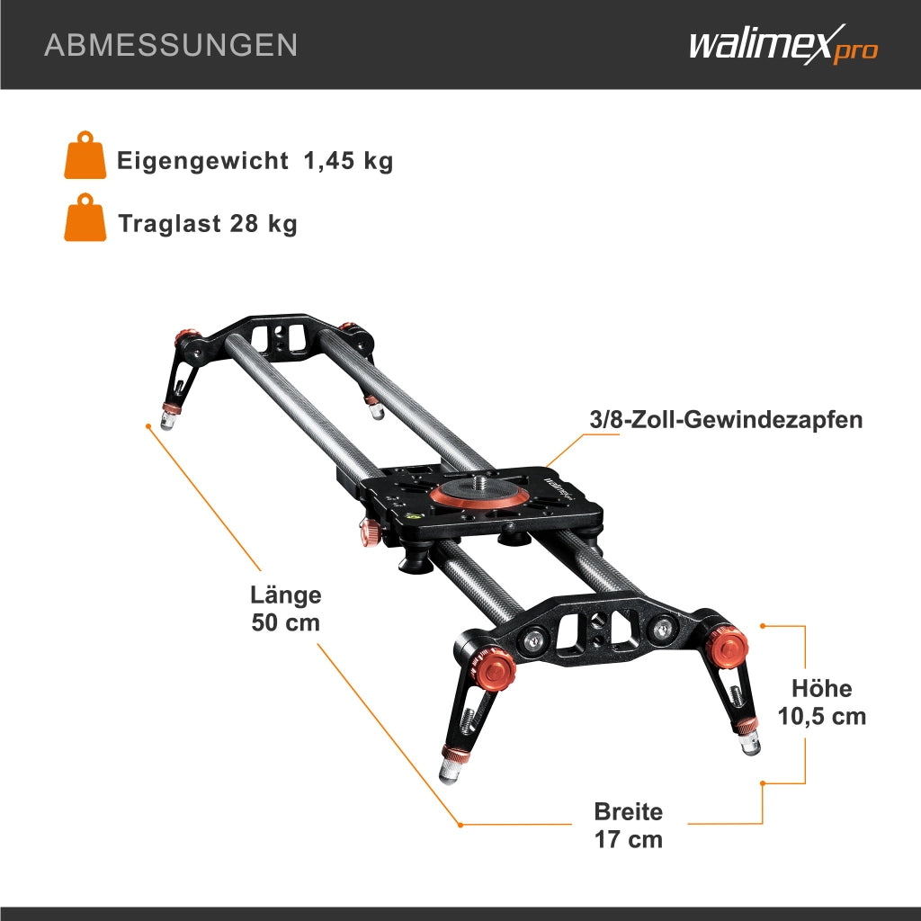 Walimex Pro Carbon Video Slider Pro (50 cm, movimenti fluidi della fotocamera, inclusa borsa per il trasporto e livella) nero