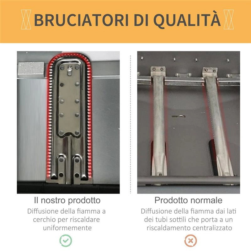 BARBECUE A GAS CON COPERCHIO, BRUCIATORI DA 5.6KW, BBQ E RUOTE, 104X49X99 CM