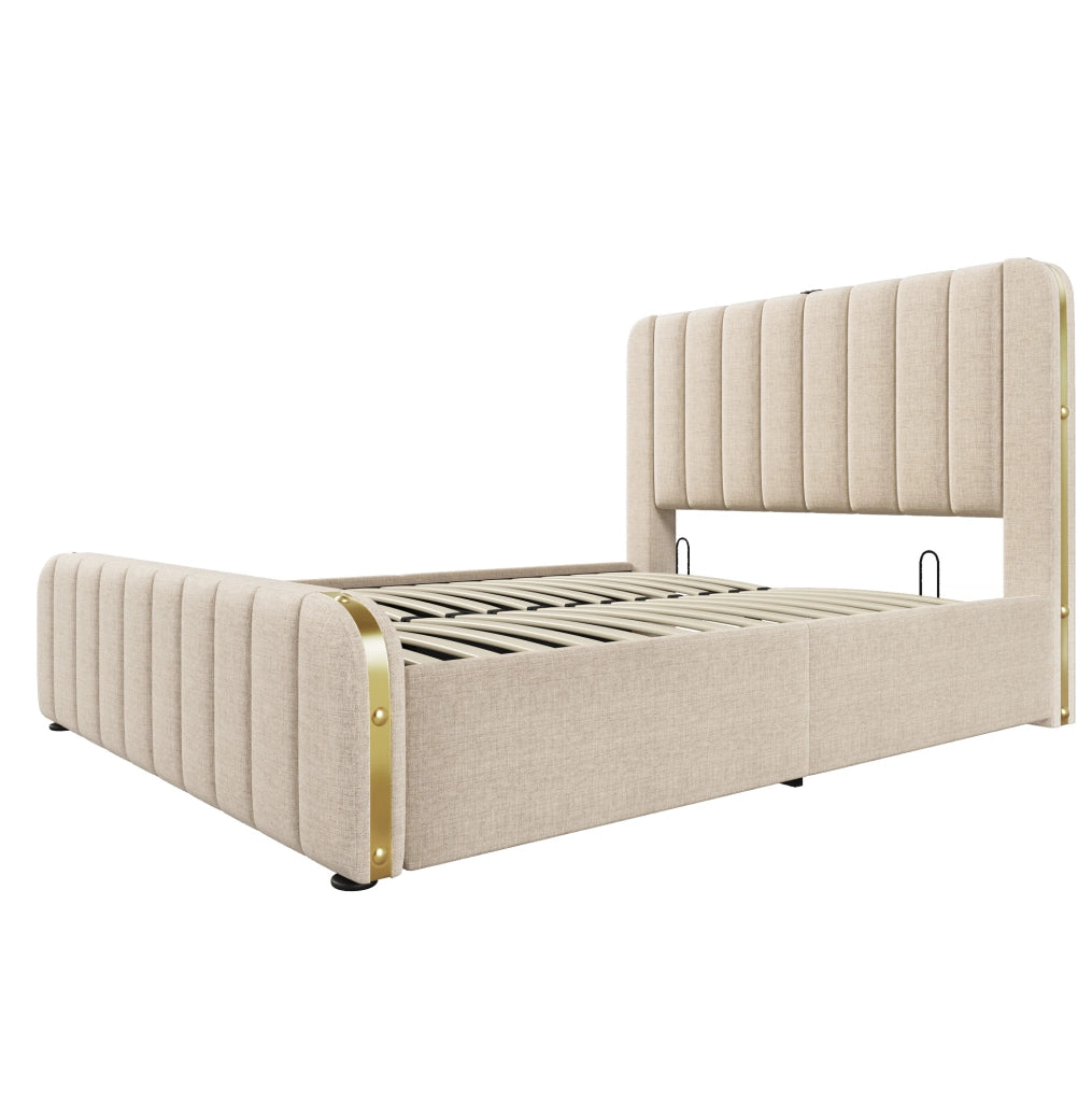 Letto imbottito 140 × 200 cm con contenitore idraulico; USB e Type-C; lino beige