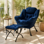 POLTRONA Relax con Pouf 70x77x20 cm Tessuto Blu Scuro