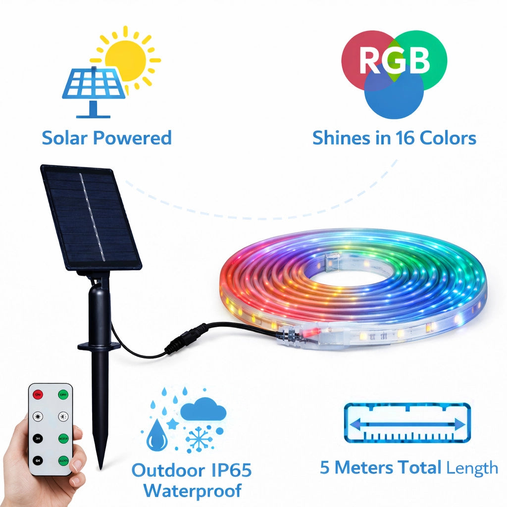 STRISCIA LED SOLARE RGB 5 METRI CON TELECOMANDO MULTICOLORE RGB ESTERNO ET-31610
