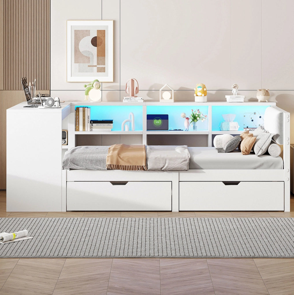 Letto 90x200 cm con testiera imbottita; LED e stazione di ricarica in MDF bianco