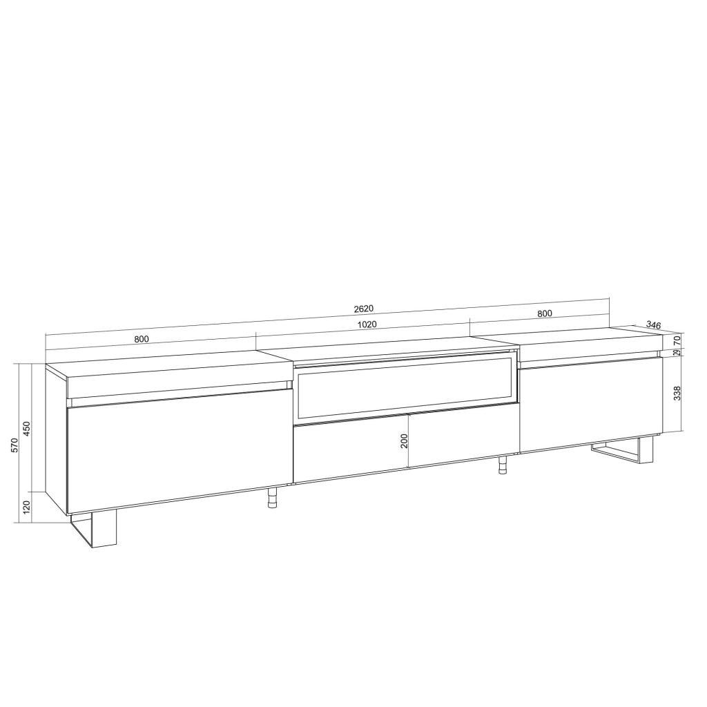 Mobile TV Soggiorno, 260x57x35 cm, TV di grande formato, Camino elettrico, Design industriale, Bianco e Rovere soft