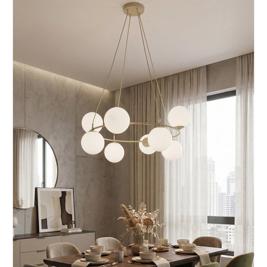 Lampada a sospensione Azura in acciaio beige e vetro opalino