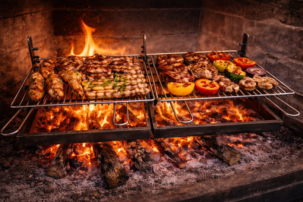 Griglia per Barbecue e Camino in Acciaio Cromato, Regolabile in Altezza, Struttura in Ferro, per Carne Pesce e Verdure 110x36 cm