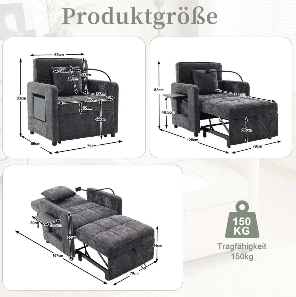 Poltrona letto reclinabile in ciniglia grigio scuro; 167 x 79 x 83 cm