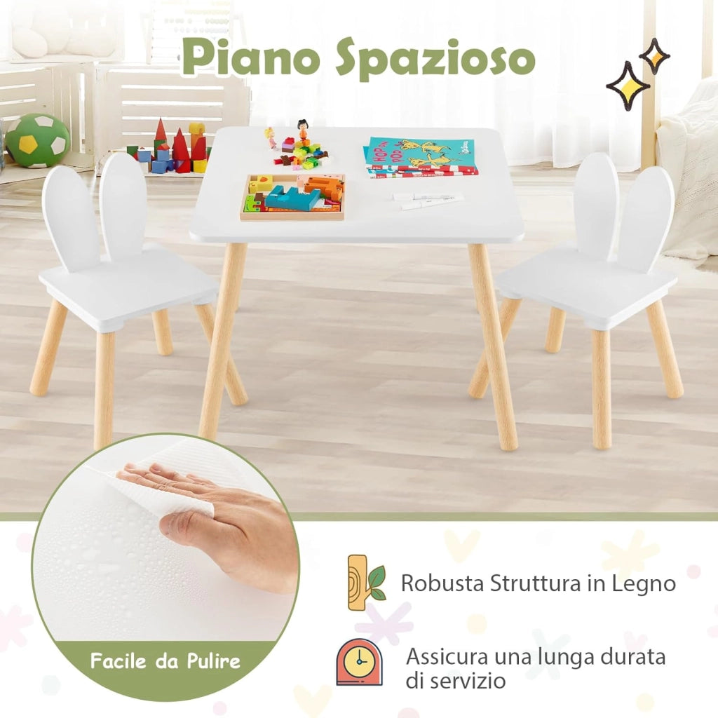Set Tavolo e 2 Sedie per Bambini 3-6 Anni, Sedie Ergonomiche in Legno con Schienali a Forma di Orecchie di Coniglio, Portata 40kg, Salvaspazio, Ideale per Gioco e Disegno (Bianco)