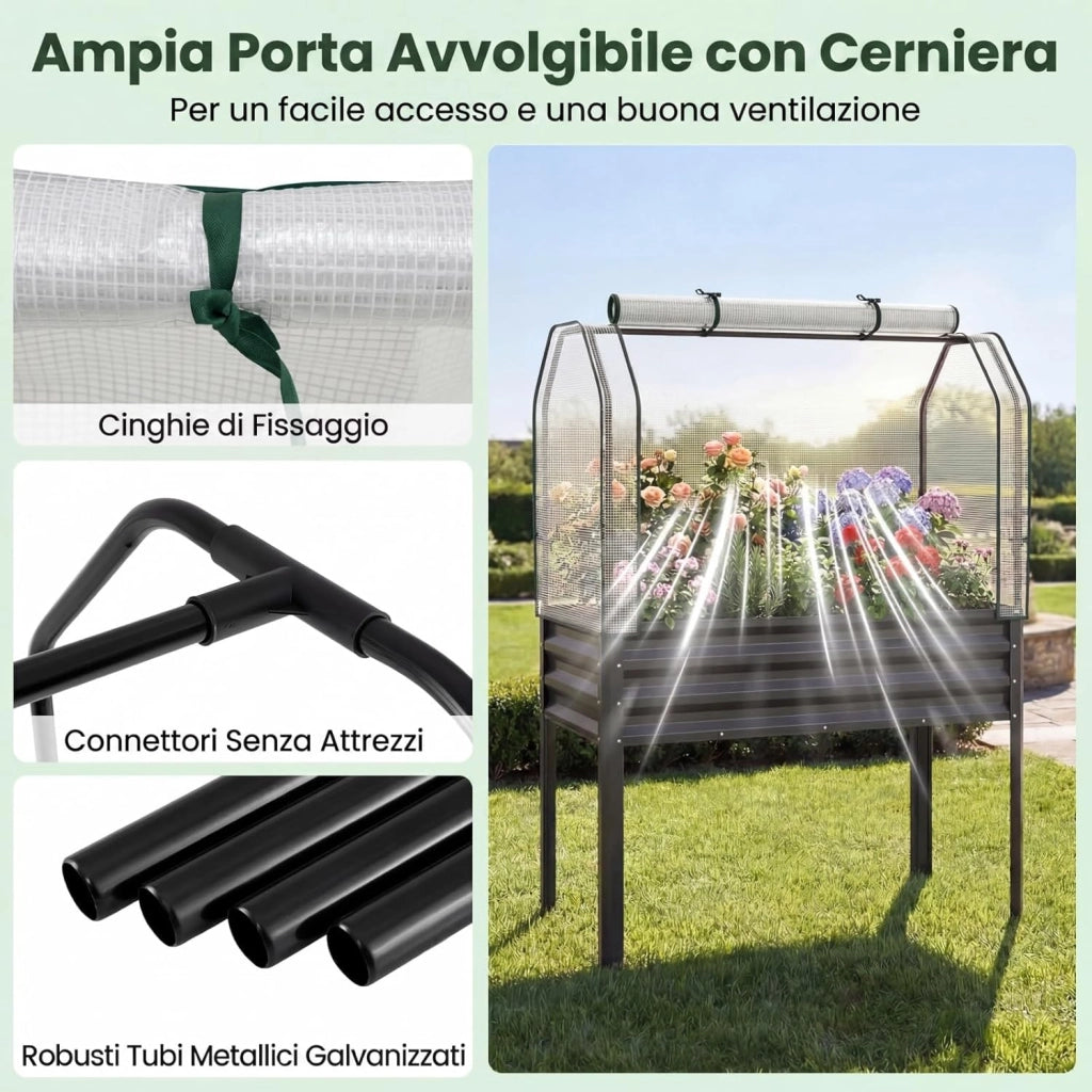 Orto Rialzato da Esterno con Serra, Fioriera Rialzata con Copertura in PE, Porta Avvolgibile con Cerniera e Guanti, Aiuola Rialzata per Verdure, Fiori e Frutta, 112 x 55 x 152 cm (Grigio)