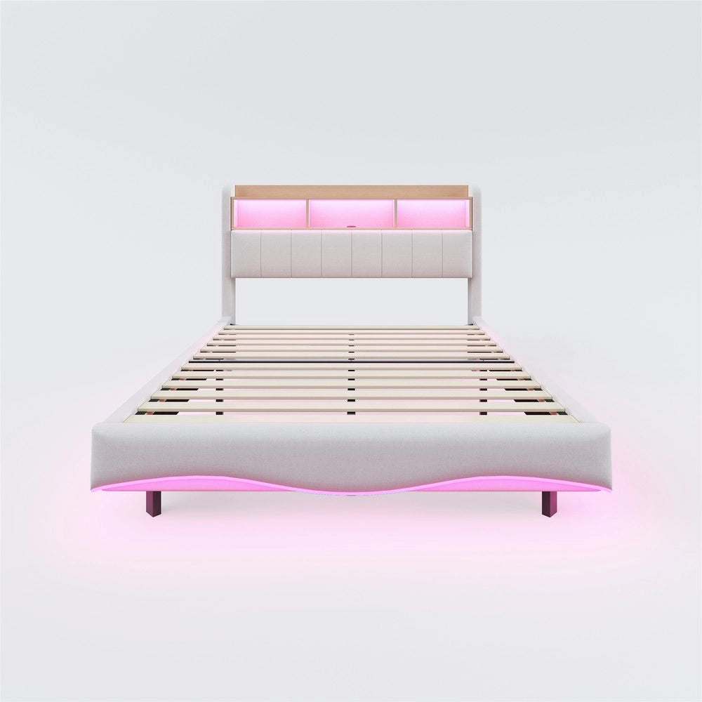 Letto Contenitore Imbottito con LED 160x200 ¨C Xylo ¨C Beige, Tessuto, USB